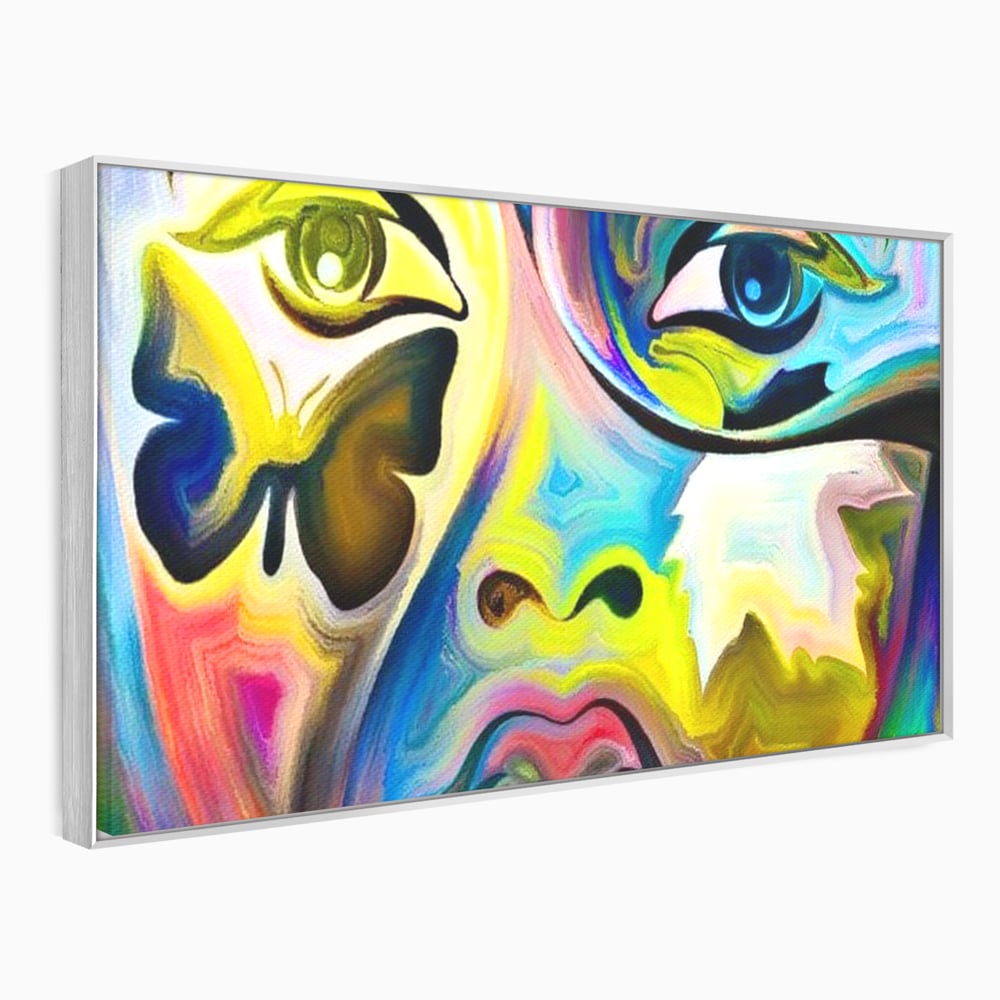 Tablou canvas cu tablou canvas cu chip abstract si fluture, in rama de aluminiu argintiu